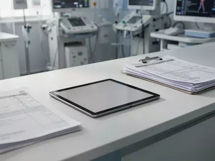 Ein leerer Tablet-Computer auf einem Pflegeschreibtisch in einer modernen medizinischen Einrichtung. - Foto: über boerse-global.de