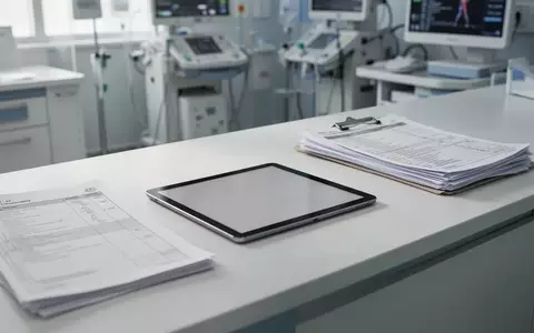 Ein leerer Tablet-Computer auf einem Pflegeschreibtisch in einer modernen medizinischen Einrichtung. - Foto: über boerse-global.de