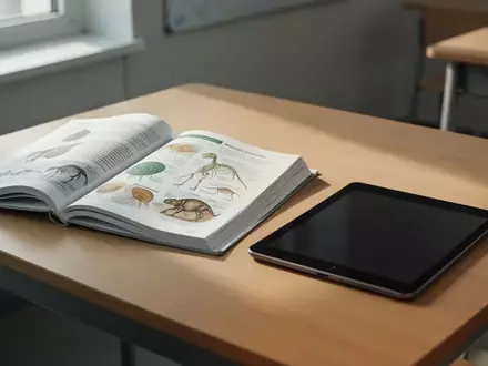 Ein offenes Schulbuch und ein ausgeschaltetes Tablet auf einem Holztisch in einem hellen Klassenzimmer. - Foto: über boerse-global.de