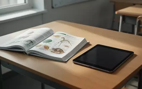 Ein offenes Schulbuch und ein ausgeschaltetes Tablet auf einem Holztisch in einem hellen Klassenzimmer. - Foto: über boerse-global.de