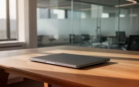 Ein geschlossener Laptop auf einem minimalistischen Holztisch in einem hellen, modernen Büro. - Foto: über boerse-global.de