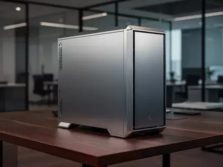 Ein minimalistischer Arbeitsplatz mit einem hochwertigen Desktop-Computer aus gebürstetem Aluminium auf einem dunklen Holztisch. - Foto: über boerse-global.de