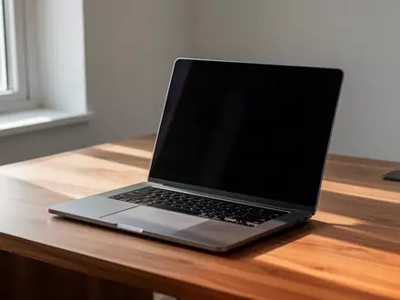 Ein moderner, minimalistischer Arbeitsplatz mit einem Laptop mit dunklem Bildschirm auf einem Eichenschreibtisch. - Foto: über boerse-global.de