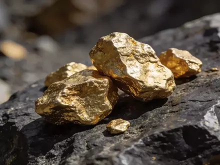 Nahaufnahme von rohen Goldnuggets auf einer dunklen, geologischen Gesteinsoberfläche. - Foto: über boerse-global.de