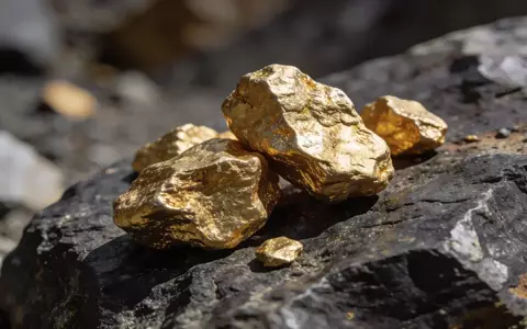 Nahaufnahme von rohen Goldnuggets auf einer dunklen, geologischen Gesteinsoberfläche. - Foto: über boerse-global.de