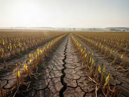 Trockener, rissiger Ackerboden mit vertrockneten Feldfrüchten unter einer intensiven Sommersonne. - Foto: über boerse-global.de