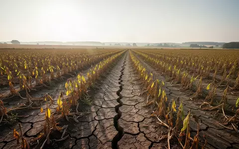 Trockener, rissiger Ackerboden mit vertrockneten Feldfrüchten unter einer intensiven Sommersonne. - Foto: über boerse-global.de