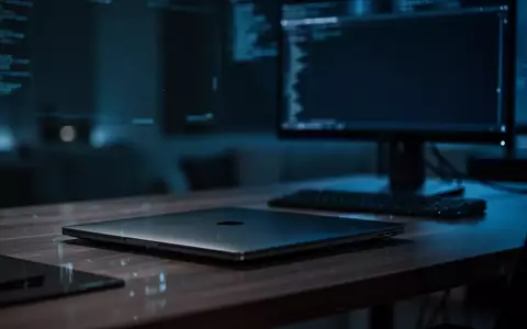 Ein moderner, dunkel beleuchteter Arbeitsplatz mit einem geschlossenen Laptop und einem ausgeschalteten Monitor. - Foto: über boerse-global.de