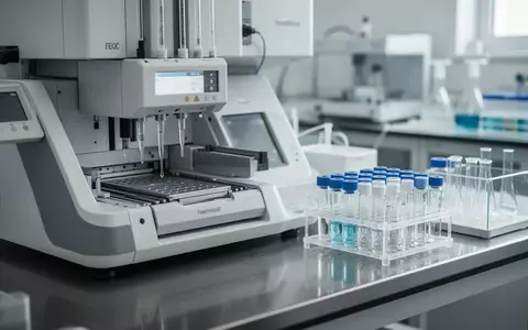 Moderne Laborausstattung mit wissenschaftlichen Glasfläschchen auf einem sterilen Labortisch. - Foto: über boerse-global.de