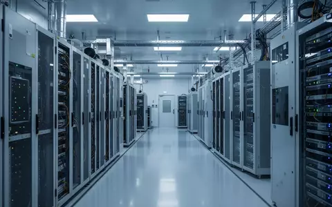 Moderne Server-Infrastruktur in einem hochtechnologischen Rechenzentrum mit blauer Beleuchtung. - Foto: über boerse-global.de