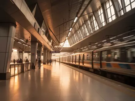 Ein moderner U-Bahn-Bahnhof in Indien mit einfallendem Sonnenlicht und vorbeifahrendem Zug. - Foto: über boerse-global.de