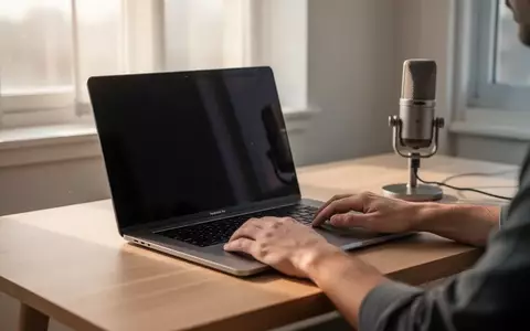 Ein minimalistischer, moderner Arbeitsplatz mit einem Laptop und einem Mikrofon in einem lichtdurchfluteten Büro. - Foto: über boerse-global.de