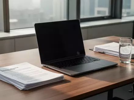 Ein minimalistischer Schreibtisch mit einem Laptop mit schwarzem Bildschirm und Dokumenten in natürlichem Licht. - Foto: über boerse-global.de
