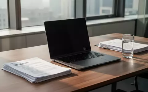 Ein minimalistischer Schreibtisch mit einem Laptop mit schwarzem Bildschirm und Dokumenten in natürlichem Licht. - Foto: über boerse-global.de