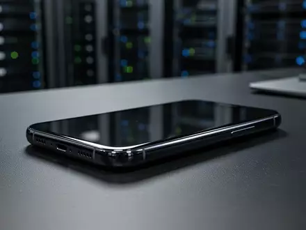 Ein modernes Smartphone liegt auf einem dunklen Büroschreibtisch vor dem unscharfen Hintergrund eines Serverraums. - Foto: über boerse-global.de