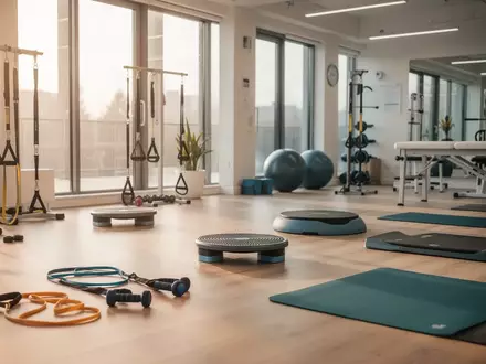 Heller, moderner Gymnastikraum mit Sportgeräten für die orthopädische Rehabilitation und gesundheitsorientiertes Training. - Foto: über boerse-global.de