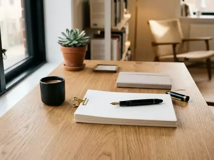 Minimalistischer Schreibtisch mit Füllfederhalter auf Papierstapel in einem modernen Büro. - Foto: über boerse-global.de