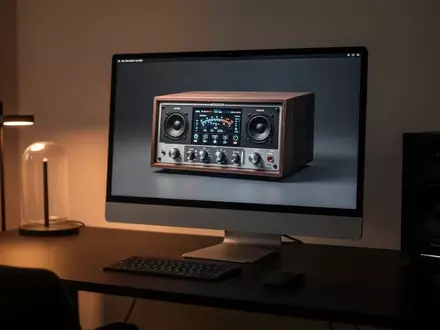 Ein moderner, minimalistischer Arbeitsplatz mit einem Computerbildschirm, der ein Retro-Audio-Interface anzeigt. - Foto: über boerse-global.de