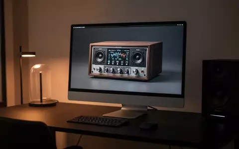 Ein moderner, minimalistischer Arbeitsplatz mit einem Computerbildschirm, der ein Retro-Audio-Interface anzeigt. - Foto: über boerse-global.de