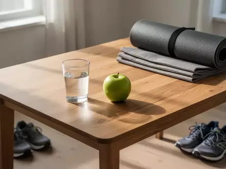 Ein heller Raum mit einem Glas Wasser, einem Apfel und Sportutensilien auf einem Holztisch als Symbol für gesundes Altern. - Foto: über boerse-global.de