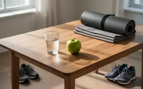 Ein heller Raum mit einem Glas Wasser, einem Apfel und Sportutensilien auf einem Holztisch als Symbol für gesundes Altern. - Foto: über boerse-global.de