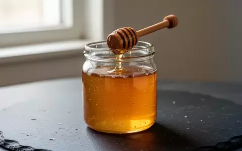Ein gläserner Honigtopf mit einem hölzernen Honiglöffel auf einer dunklen Schieferplatte bei natürlichem Licht. - Foto: über boerse-global.de