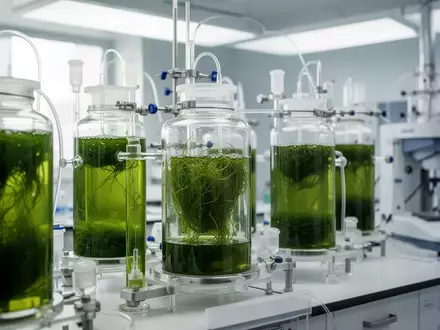 Laborumgebung mit Glas-Bioreaktoren zur Kultivierung von Mikroalgen für die biotechnologische Forschung. - Foto: über boerse-global.de