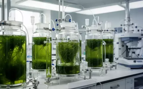 Laborumgebung mit Glas-Bioreaktoren zur Kultivierung von Mikroalgen für die biotechnologische Forschung. - Foto: über boerse-global.de