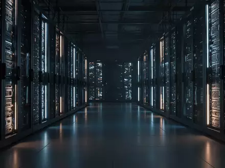 Dunkler Serverraum mit leuchtenden Server-Racks in einer kühlen, technologischen Umgebung. - Foto: über boerse-global.de