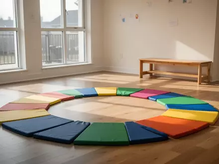 Heller, leerer Bewegungsraum in einem Kindergarten mit bunten Spielmatten und einfallendem Tageslicht. - Foto: über boerse-global.de