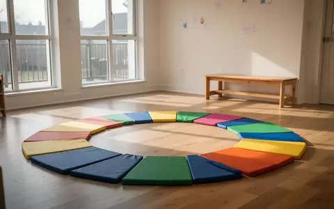 Heller, leerer Bewegungsraum in einem Kindergarten mit bunten Spielmatten und einfallendem Tageslicht. - Foto: über boerse-global.de