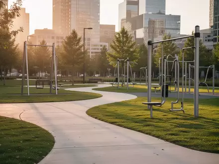 Leerer Outdoor-Fitnesspark mit Sportgeräten in einer städtischen Grünanlage bei Sonnenuntergang. - Foto: über boerse-global.de