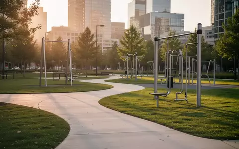 Leerer Outdoor-Fitnesspark mit Sportgeräten in einer städtischen Grünanlage bei Sonnenuntergang. - Foto: über boerse-global.de