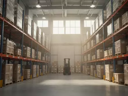 Modernes Logistiklager mit hohen Regalen und Warenpaletten in natürlichem Licht. - Foto: über boerse-global.de