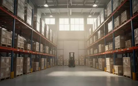 Modernes Logistiklager mit hohen Regalen und Warenpaletten in natürlichem Licht. - Foto: über boerse-global.de