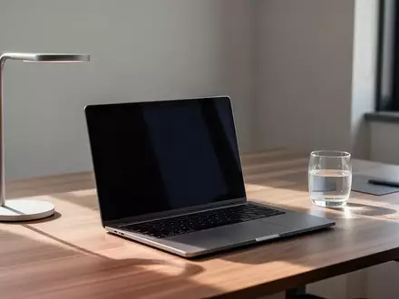 Ein minimalistischer Büroarbeitsplatz mit einem Laptop mit schwarzem Bildschirm auf einem Holztisch bei natürlichem Licht. - Foto: über boerse-global.de