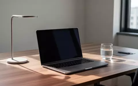 Ein minimalistischer Büroarbeitsplatz mit einem Laptop mit schwarzem Bildschirm auf einem Holztisch bei natürlichem Licht. - Foto: über boerse-global.de
