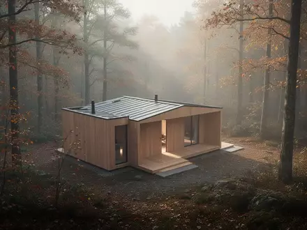 Ein minimalistisches Holzhaus inmitten eines ruhigen, herbstlichen Waldes bei natürlichem Morgenlicht. - Foto: über boerse-global.de