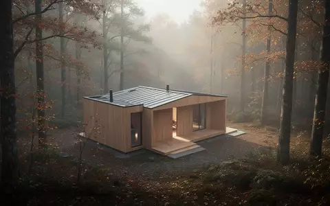 Ein minimalistisches Holzhaus inmitten eines ruhigen, herbstlichen Waldes bei natürlichem Morgenlicht. - Foto: über boerse-global.de