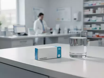 Eine leere Medikamentenpackung und ein Glas Wasser auf einem sauberen Apothekentresen bei natürlichem Tageslicht. - Foto: über boerse-global.de
