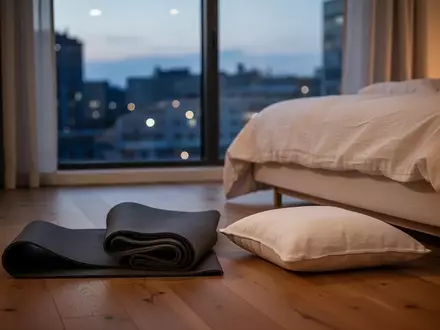 Eine zusammengerollte Yogamatte und ein Sitzkissen in einem ruhig beleuchteten Schlafzimmer am Abend. - Foto: über boerse-global.de