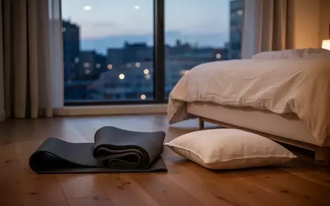 Eine zusammengerollte Yogamatte und ein Sitzkissen in einem ruhig beleuchteten Schlafzimmer am Abend. - Foto: über boerse-global.de