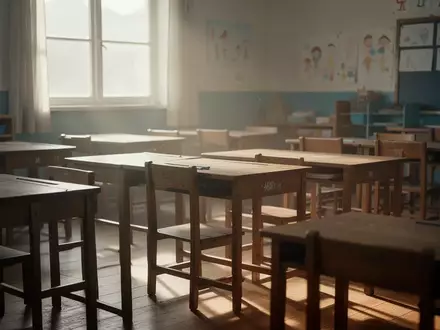 Ein ruhiges, sonnendurchflutetes Grundschulklassenzimmer mit leeren Holztischen und einer friedlichen, entspannten Atmosphäre. - Foto: über boerse-global.de