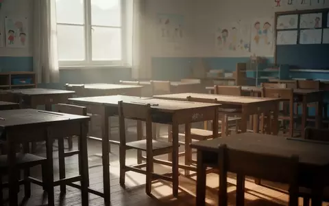 Ein ruhiges, sonnendurchflutetes Grundschulklassenzimmer mit leeren Holztischen und einer friedlichen, entspannten Atmosphäre. - Foto: über boerse-global.de