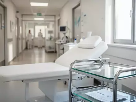 Eine sterile, moderne Arztpraxis bei Tageslicht mit einer Untersuchungsliege und medizinischem Mobiliar. - Foto: über boerse-global.de