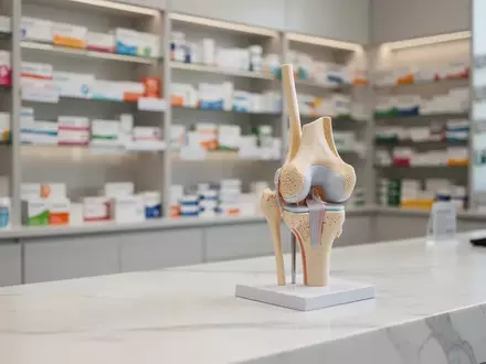 Anatomisches Modell eines menschlichen Kniegelenks auf einem Apothekentresen vor unscharfen Regalen mit Medikamenten. - Foto: über boerse-global.de