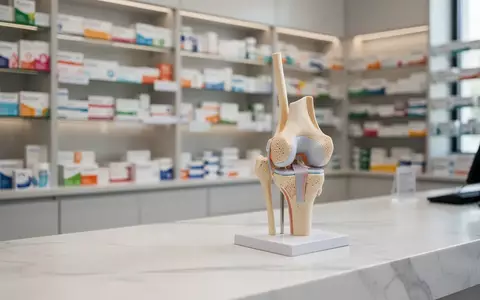 Anatomisches Modell eines menschlichen Kniegelenks auf einem Apothekentresen vor unscharfen Regalen mit Medikamenten. - Foto: über boerse-global.de