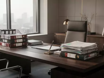 Ein moderner, aufgeräumter Büroschreibtisch mit Aktenordnern und Unterlagen in natürlichem Licht. - Foto: über boerse-global.de