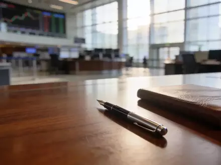 Ein eleganter Schreibtisch in einem modernen Finanzbüro mit einem Füllfederhalter und Notizbuch bei natürlichem Licht. - Foto: über boerse-global.de