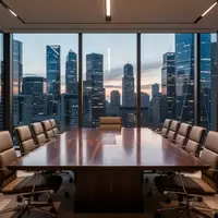 Moderner, leerer Konferenzraum in einem Bürogebäude mit Blick auf eine Finanzmetropole. - Foto: über boerse-global.de